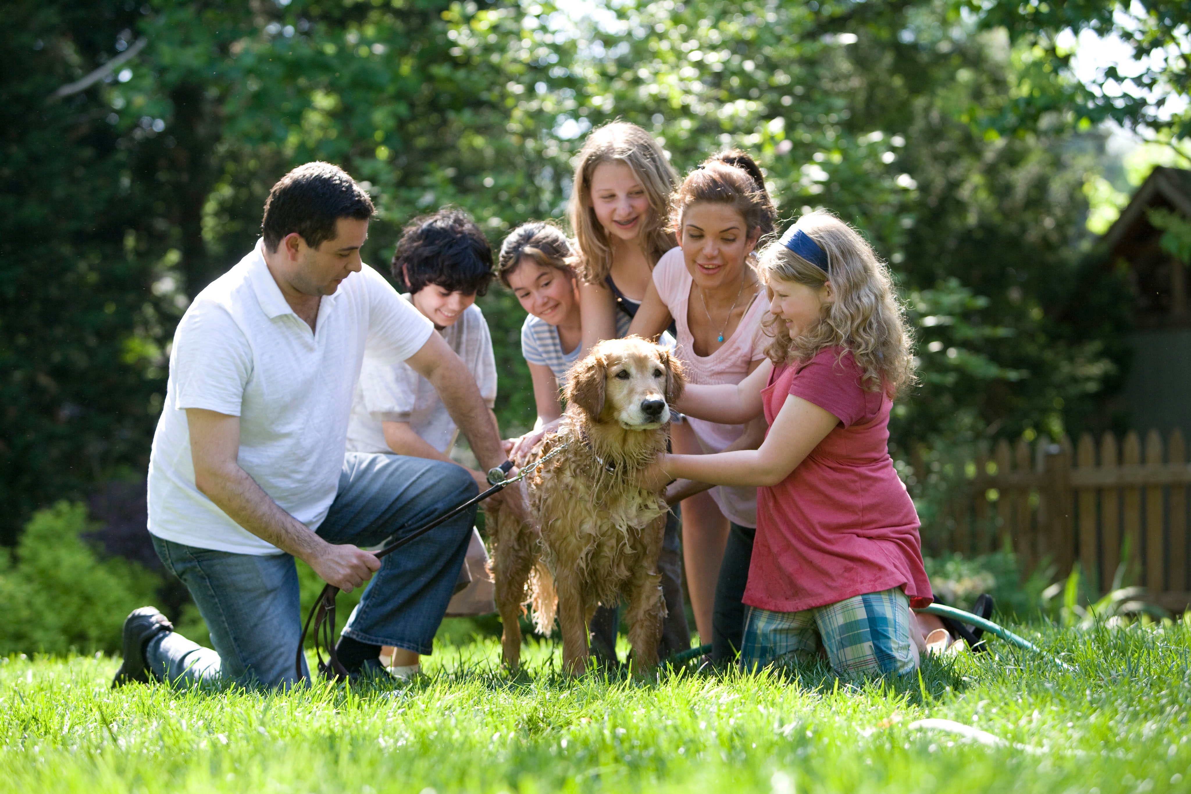 A family that deserves the protection of insurance from the David Nelson Agency gathers around their dog on a summer day