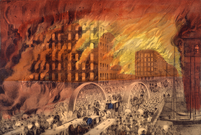 An illustration of the Great Chicago Fire in 1871